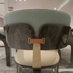 Barrel-Back Dining Chair with Woven Leather Accents, High-Gloss Wood Frame and Vertical Back Strap